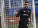 CF Montréal's Djordje Mihailovic celebrates his goal in the opening moments of the team's home opener against the Vancouver Whitecaps on April 16, 2022, at Saputo Stadium.