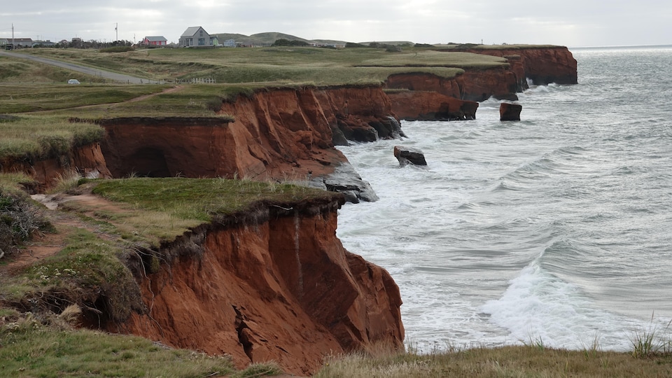 Red sandstone cliffs are eroded by the sea.