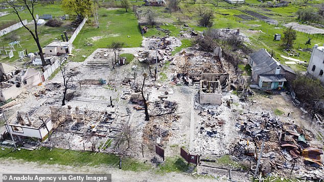 An aerial view of the damaged area after Russian attacks in the village of Moshchun, kyiv Oblast, Ukraine, on April 29, 2022. The village of Moschun became one of the places where clashes broke out in the first days of attacks between Russia and Ukraine.