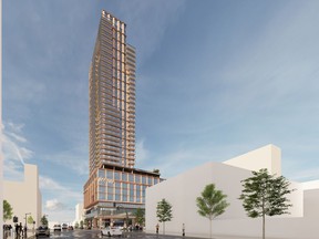 An architectural rendering shows PCI Developments' proposal for a 39-storey mixed use tower at the intersection of West Broadway and Granville Street in Vancouver.