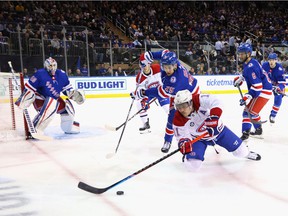Canadiens' Brendan Gallagher controls the puck against the Rangers during first-period action at Madison Square Garden in New York Wednesday night.
