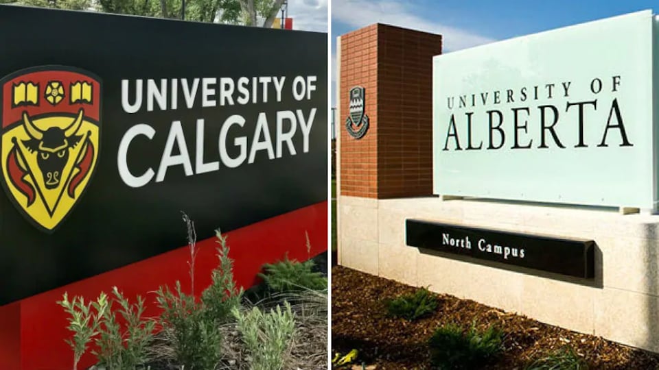 Photomontage of University of Calgary (left) and University of Alberta (right) welcome signs.