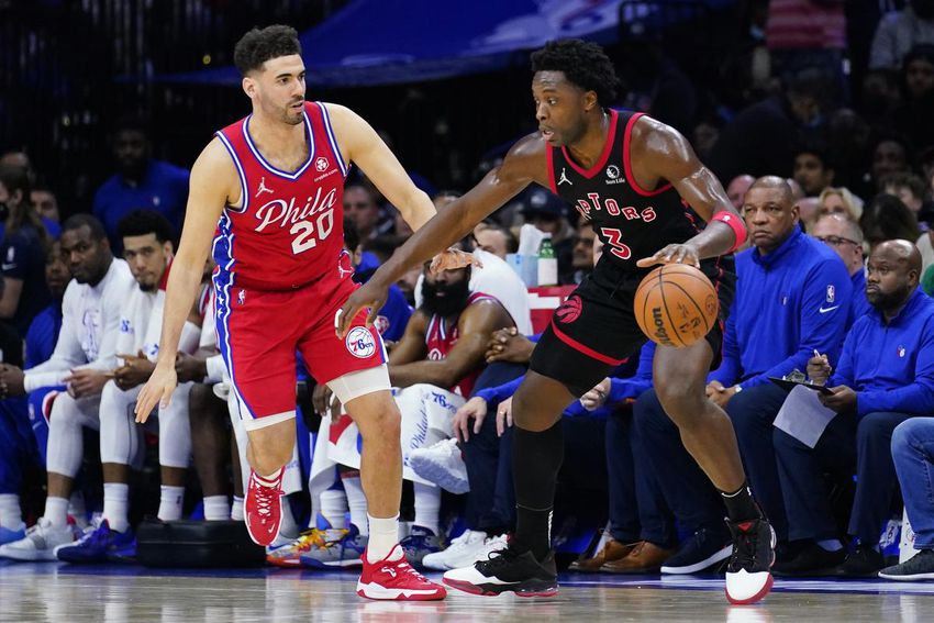 Toronto Raptors' OG Anunoby, right, tries to get past Philadelphia 76ers' Georges Niang during the second half of Game 2 of their first-round playoff series Monday.  Anunoby had 16 of his 26 points in the second half and was dominant at times despite the loss.