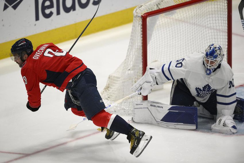 Capitals star Alex Ovechkin, tripped up by Leafs goalie Erik Kallgren, hit the end boards and didn't return to Sunday night's game in Washington.