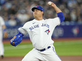 Toronto Blue Jays pitcher Hyun Jin Ryu pitches to the Texas Rangers during the first inning at Rogers Center in Toronto, April 10, 2022.