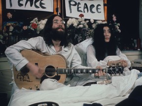John Lennon and Yoko Ono during their bed-in for peace at the Queen Elizabeth Hotel in Montreal in 1969.