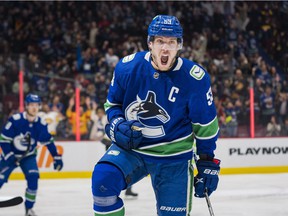 Vancouver Canucks forward Bo Horvat (53) celebrates his goal against the Vegas Golden Knights in the first period at Rogers Arena.