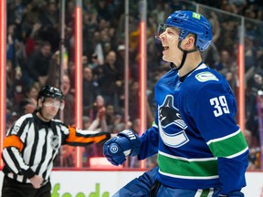 Canucks winger Alex Chiasson, celebrating after scoring against the San Jose Sharks on Saturday, has five points in his last two games and four goals in his last five games.