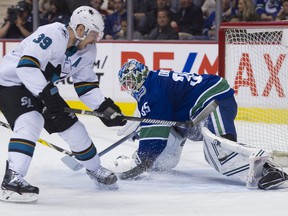 Canucks goalie Thatcher Demko and Sharks forward Logan Couture have faced each other several times over the years, dating back to this Demko save during the 2018-19 season.