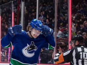 Vasily Podkolzin celebrates one of his 14 goals in a February game at Rogers Arena.