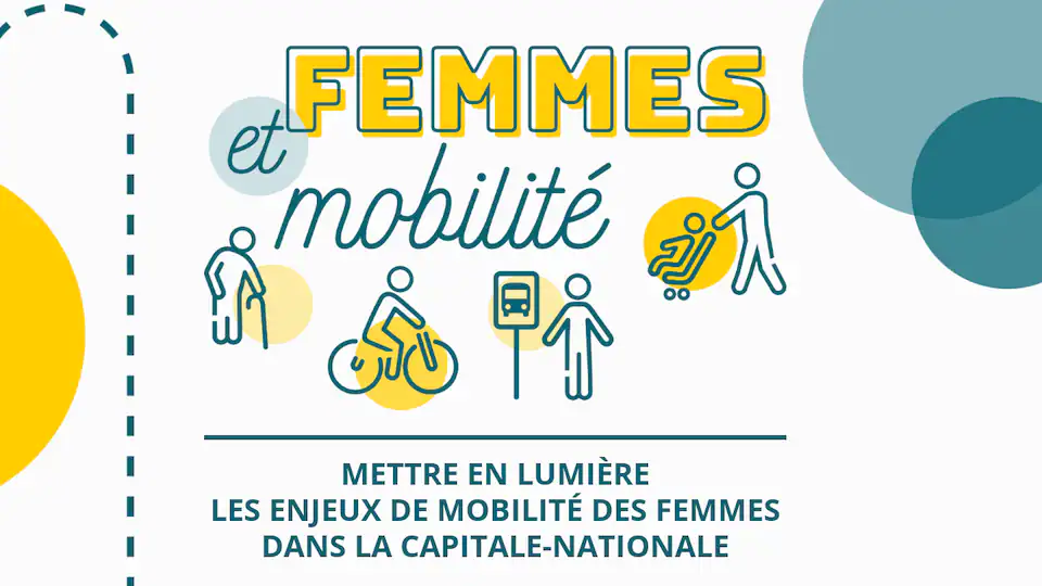 Une illustration avec des personages qui marchent ou sont en vélo. C'est écrit : Mettre en lumière les enjeux de mobilité des femmes dans la Capitale-Nationale.