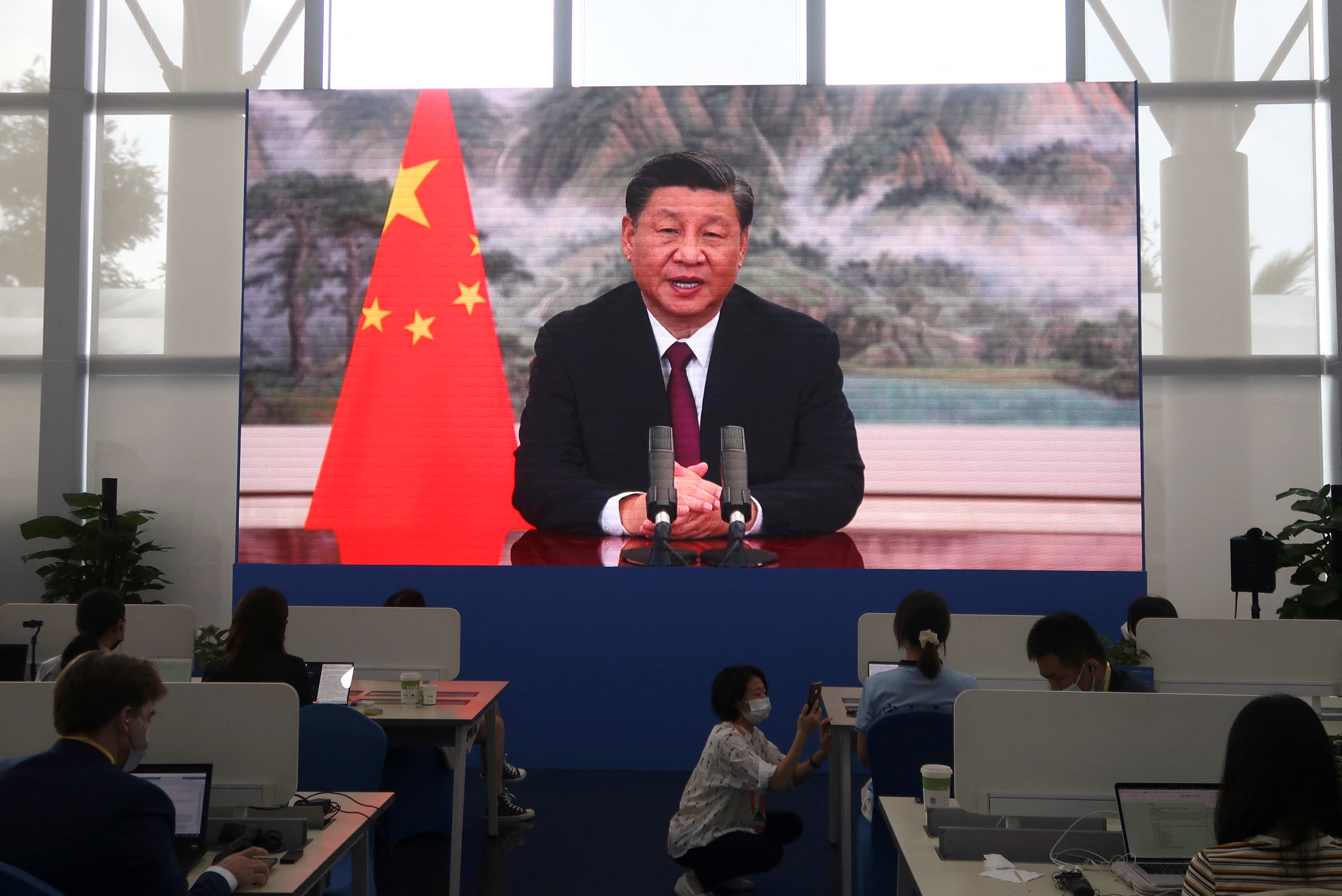 Chinese President Xi Jinping delivers a keynote address at the opening ceremony of the Boao Forum for Asia via video link in Boao.