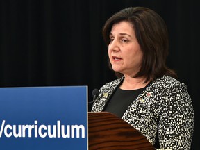 Education Minister Adriana LaGrange provides an update on how Alberta's government is moving forward with K-6 curriculum implementation during a news conference in Edmonton on March 10, 2022.