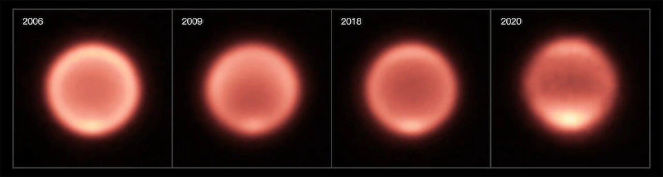 Images thermiques de Neptune prises entre 2006 et 2020.