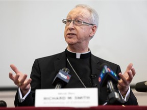 Archbishop Richard Smith answers questions and shares his observations about the apology by Pope Francis to Indigenous, Inuit and Métis people on April 1 in Rome during a news conference in Edmonton on Monday, April 4, 2022. Smith was in Rome as part of the delegation .