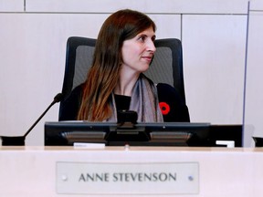 Ward O-day'min Coun.  Anne Stevenson takes part in an Edmonton city council meeting, on Nov. 1, 2021.