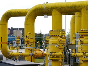 Pipes are seen at the gas transmission point in Rembelszczyzna near Warsaw on April 27, 2022.