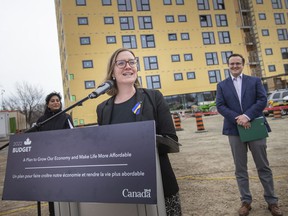 Minister of Families, Children and Social Development, Karina Gould, is joined by local MP, Irek Kusmierczyk, at a residential housing construction site on Meadowbrook Lane, to highlight Budget 2022 funding for the housing sector, on Wednesday, April 13, 2022.