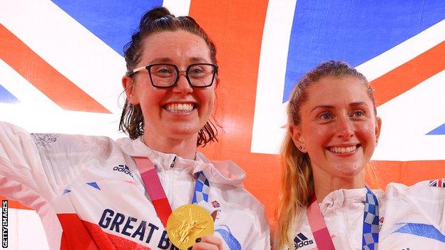 Great Britain's Katie Archibald celebrates winning gold with Laura Trott in the madison at the Tokyo 2020 Olympic Games