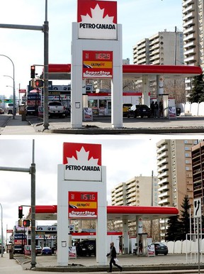 A gas station on 109 Street in downtown Edmonton taken one day apart from March 31 to April1, 2022. April 1, 2022 is when the federal carbon tax takes effect.  It also marks the beginning of a pause on collecting a 13-cent-per-liter Alberta gas tax.  Photos by David Bloom