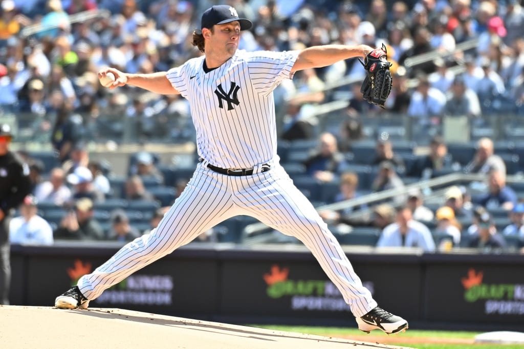 Gerrit Cole throws during the Yankees' victory over the Guardians on Sunday.