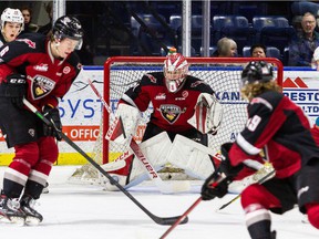 Vancouver goalie Matthew Hutchison in action during the Giants' road win in Kelowna on April 10.