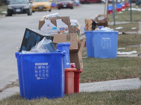 WINDSOR, ON.  JANUARY 14, 2022 - Recycling boxes are shown in east Windsor on Friday, January 14, 2022.