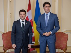 Ukrainian President Volodymyr Zelenskyy pictured with Prime Minister Justin Trudeau during a 2019 meeting in Toronto, where topics discussed included 