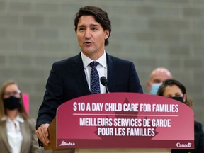 Prime Minister Justin Trudeau speaks during a joint federal-provincial announcement of -a-day daycare at Boyle Street Plaza in Edmonton, on Monday, Nov. 15, 2021.