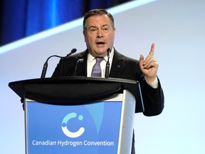 Alberta Premier Jason Kenney speaks at the Canadian Hydrogen Convention in Edmonton on Tuesday, April 26, 2022, where he announced that the province of Alberta will invest  million over four years to launch the Clean Hydrogen Center of Excellence to support made-in-Alberta energy solutions and to grow the province's emerging hydrogen sector.