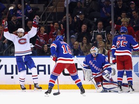 Canadiens' Josh Anderson celebrates the first of two goals by Jeff Petry Wednesday night in New York at Madison Square Garden.