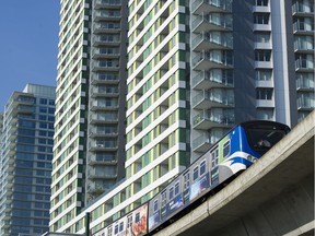 The apartment towers and other developments around the Cambie St. and Marine Drive SkyTrain station.