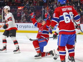 Brendan Gallagher celebrates his goal during the first period of the Montreal Canadiens's game against the Ottawa Senators at the Bell Center on April 5, 2022.