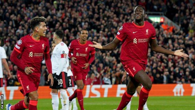 Liverpool's Ibrahima Konate celebrates scoring against Benfica in the Champions League at Anfield