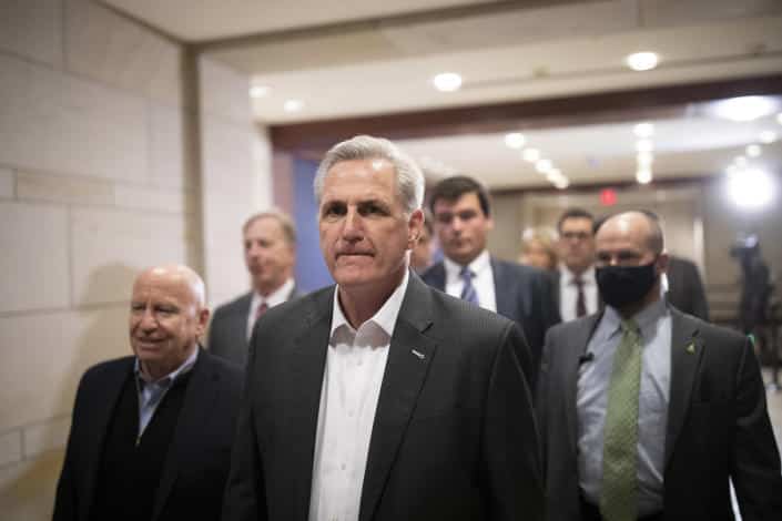 House Minority Leader Kevin McCarthy (R-Calif.) on Capitol Hill in Washington on Feb. 28, 2022. (Tom Brenner/The New York Times)