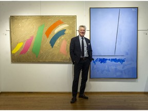 Robert Heffel says the showstopper in an upcoming auction June 1 is a six-foot tall, four-foot wide work by American Robert Motherwell titled August Sea #5.  Next to it here is Jack Hamilton Bush's Swing Gay.