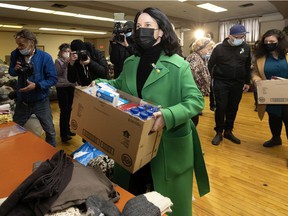 Montreal Mayor Valérie Plante delivers a box of medical supplies at the Ukrainian Catholic Parish Hall on Wednesday, March 9, 2022.
