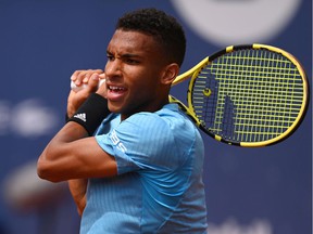 Montrealer Félix Auger-Aliassime in action at the Barcelona Open Banc Sabadell 2022 on April 22, 2022, in Barcelona, ​​Spain.