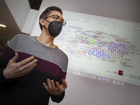 Gabriel Ciavaglia, an organizer with Activate Transit Windsor Essex, a local advocacy group, speaks during a press conference outlining a community mandate for investment in the public transit system, while at the Windsor School of Creative Arts, on Friday, April 22, 2022.