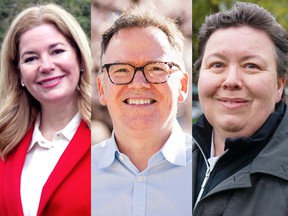 Jeanette Ashe, NDP candidate in the Vancouver-Quilchena byelection;  Kevin Falcon, the Liberal candidate;  Wendy Hayko, the Green candidate.