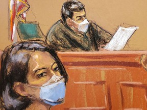 Judge Alison Nathan questions juror number 50 about his answers on the juror questionaire as Jeffrey Epstein associate Ghislaine Maxwell listens in a courtroom sketch in New York City, US, March 8, 2022.