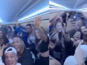 This screengrab taken from a social media video posts shows people partying on a Sunwing flight without masks.