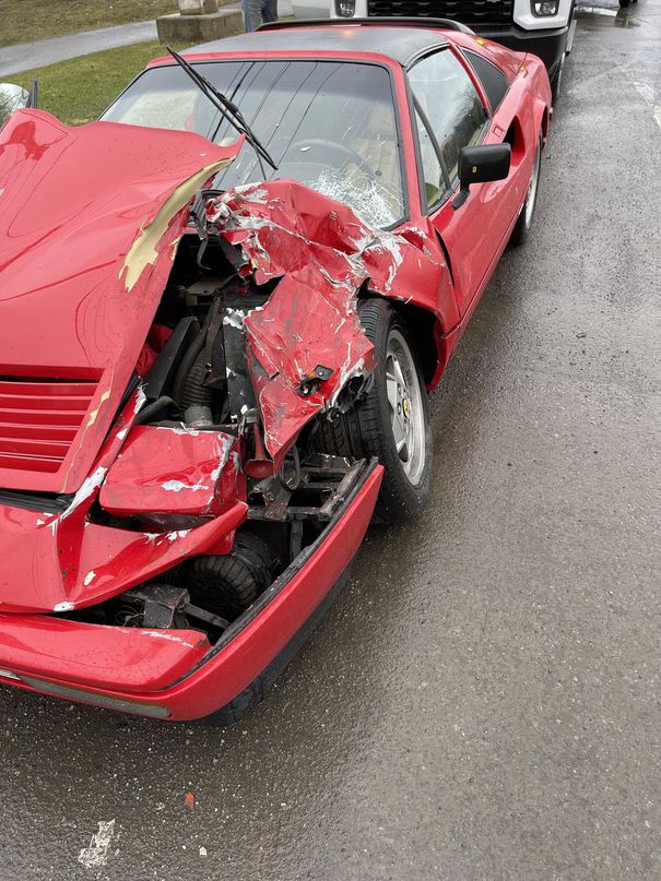 Kory Teneycke said the red 1988 Ferrari 328 GTS, seen after the accident, has "been a dream car of mine since I was a kid."
