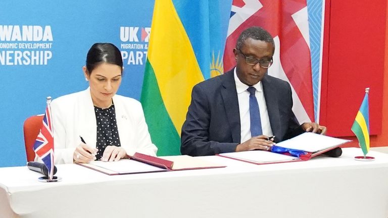The Minister of the Interior, Priti Patel, and the Rwandan Minister of Foreign Affairs and International Cooperation, Vincent Biruta, signed a "first in the world" migration and economic development association in the East African nation's capital city, Kigali, on Thursday.  Picture date: Thursday April 14, 2022.
