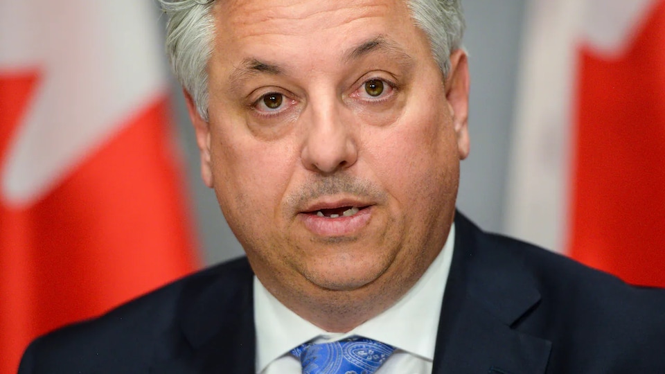 A man at a press conference in front of the Canadian flag.