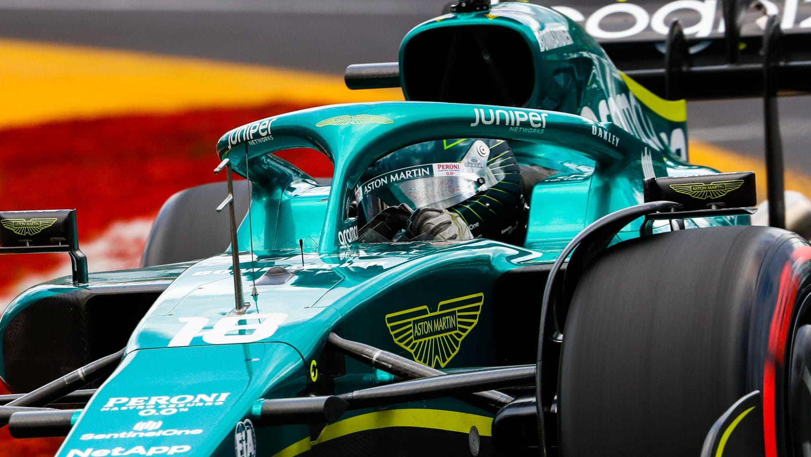 Lance Stroll up close in his Aston Martin.  Australia April 2022