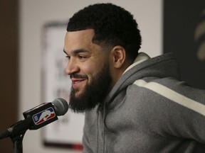 Toronto Raptors guard Fred VanVleet speaks to the media about the injuries that hampered him on their locker clean out day at the OVO Athletic Center.  n Toronto, Ont.  on Friday April 29, 2022.