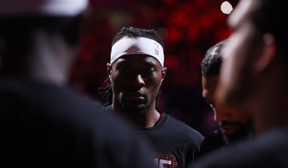 Toronto Raptors forward Precious Achiuwa takes a moment to focus during player introductions prior to Game 5 in Philadelphia.