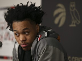 Raptors forward Scottie Barnes, who won Rookie of the Year honors, speaks to the media at the OVO Athletic Center yesterday.