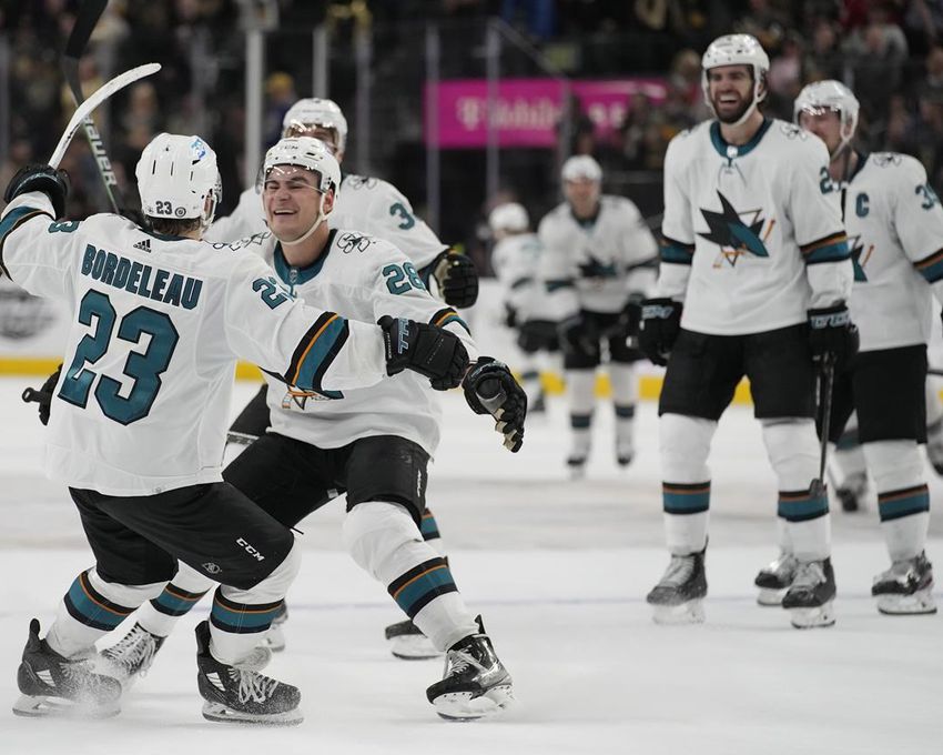 San Jose Sharks right wing Timo Meier (28) celebrates after Thomas Bordeleau (23) scored against the Vegas Golden Knights during a shootout at an NHL hockey game Sunday, April 24, 2022, in Las Vegas. Vegas.